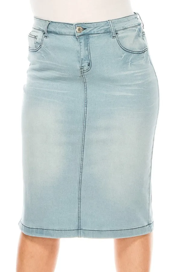 Plus Faded Denim Pencil Skirt Style 77239 in Light Indigo Wash