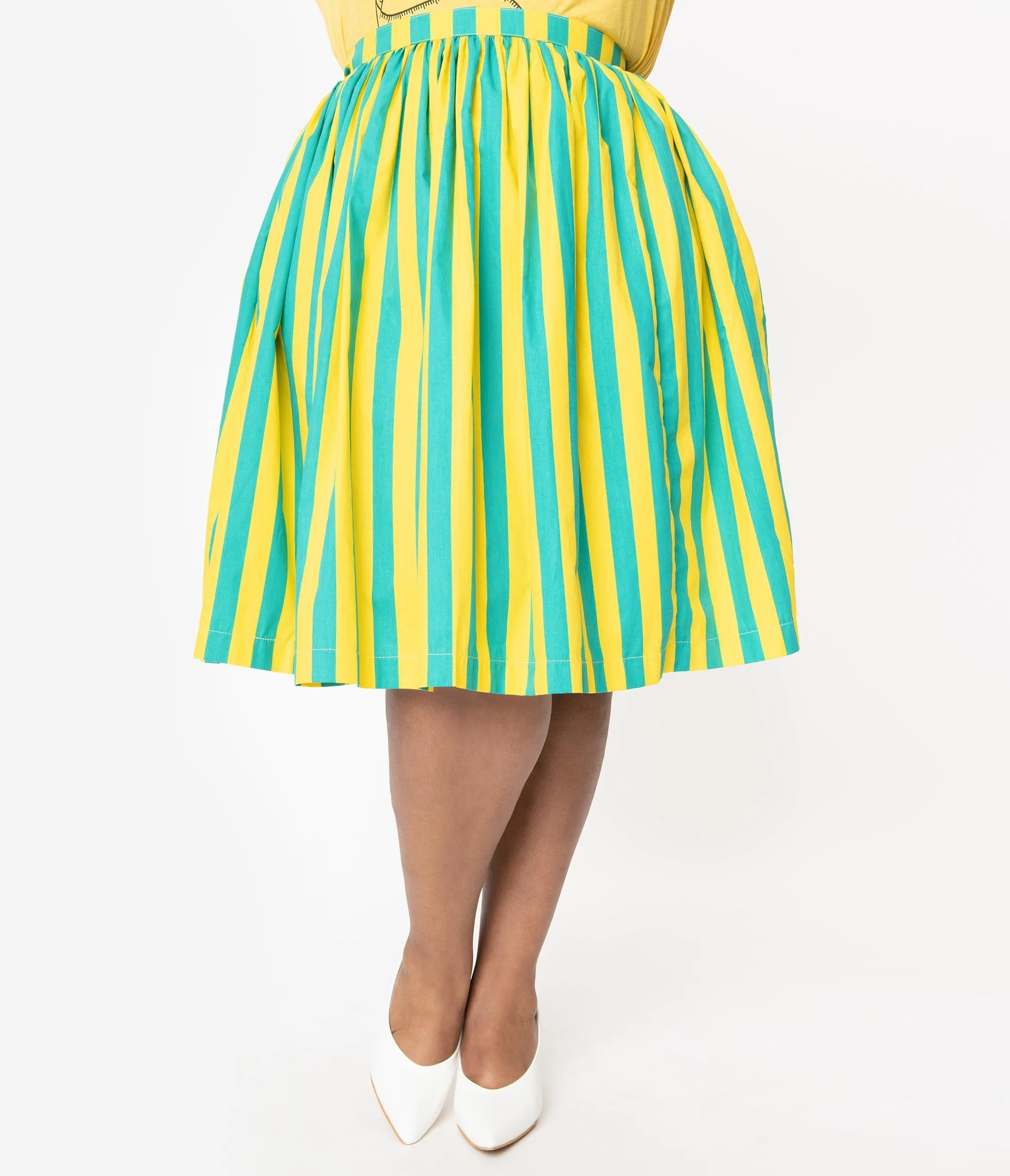 Plus Size 1950s Style Green & Yellow Stripe Swing Skirt