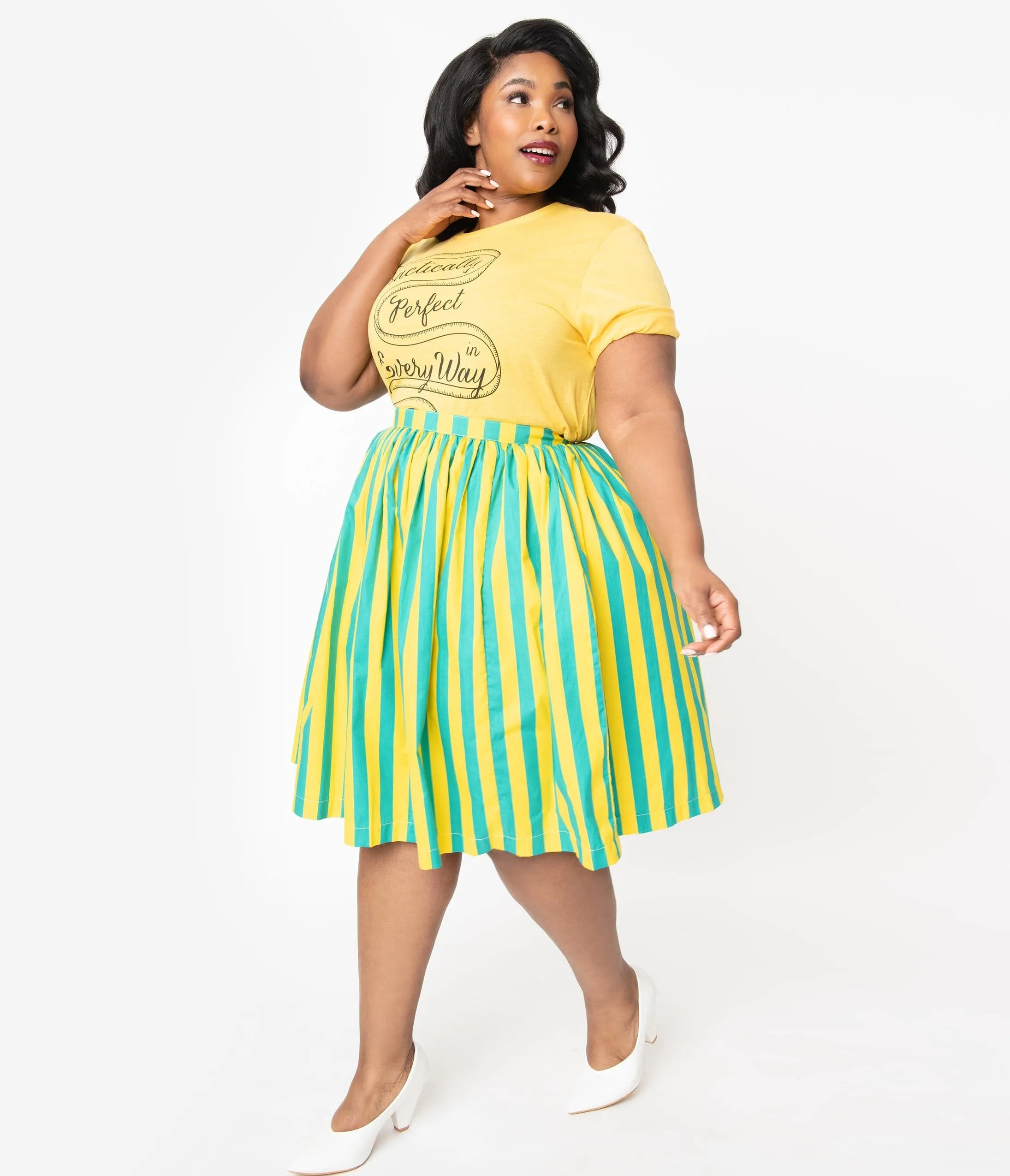 Plus Size 1950s Style Green & Yellow Stripe Swing Skirt