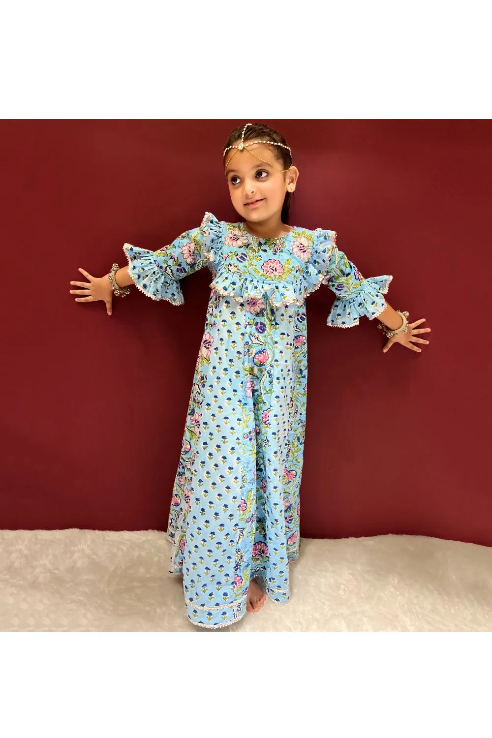 Powder Blue Floral Hand Block Printed Floor Length Dress