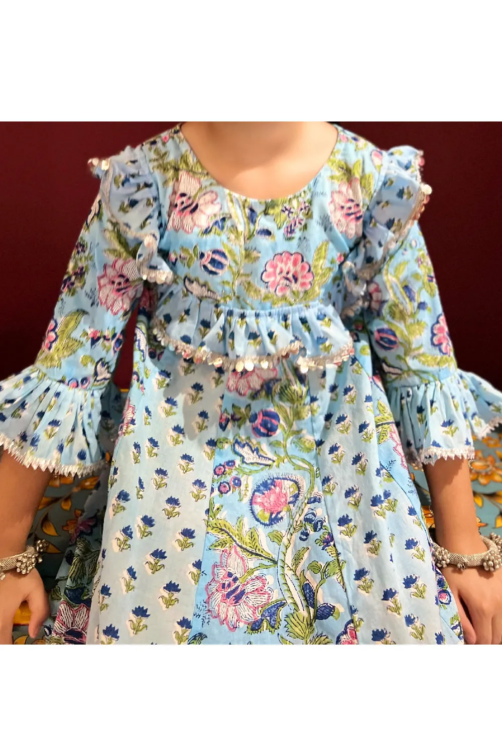 Powder Blue Floral Hand Block Printed Floor Length Dress