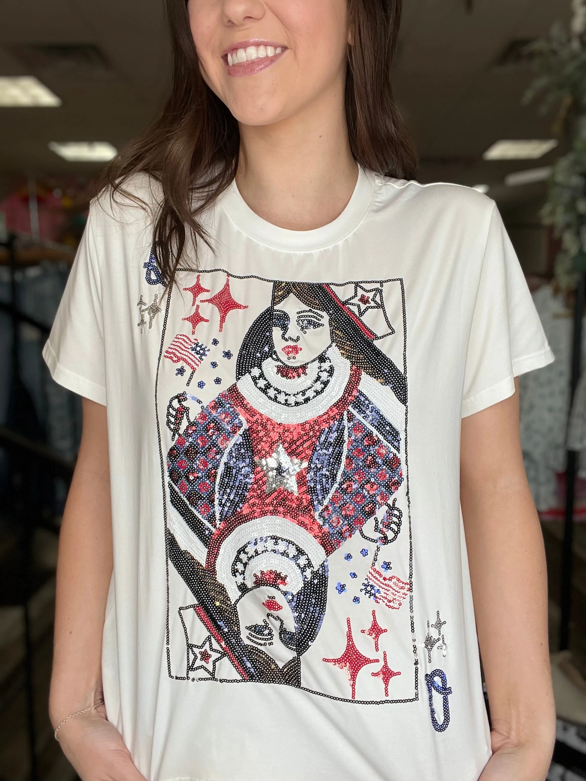 Queen of Sparkles White USA Queen Card Tee