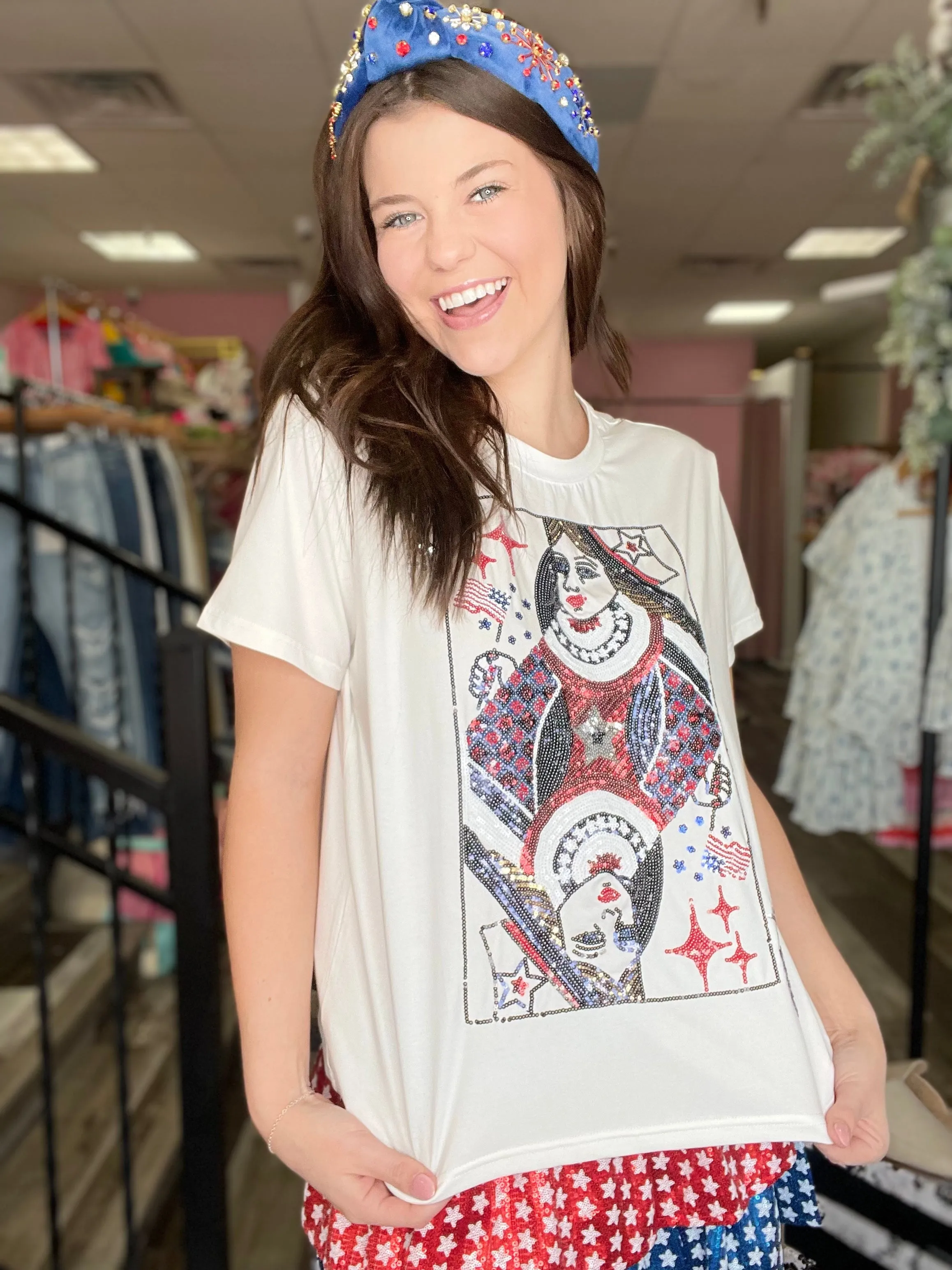 Queen of Sparkles White USA Queen Card Tee