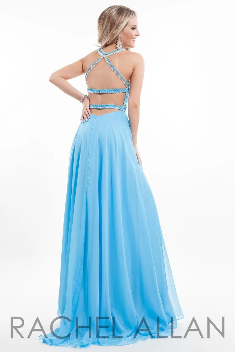 Rachel Allan 2057 Sky Blue Flowy Chiffon Dress with Beaded Illusion Neckline