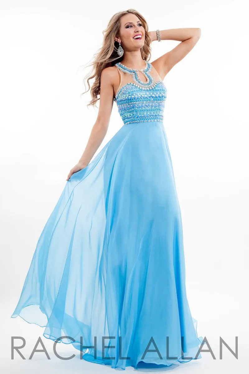 Rachel Allan 2057 Sky Blue Flowy Chiffon Dress with Beaded Illusion Neckline