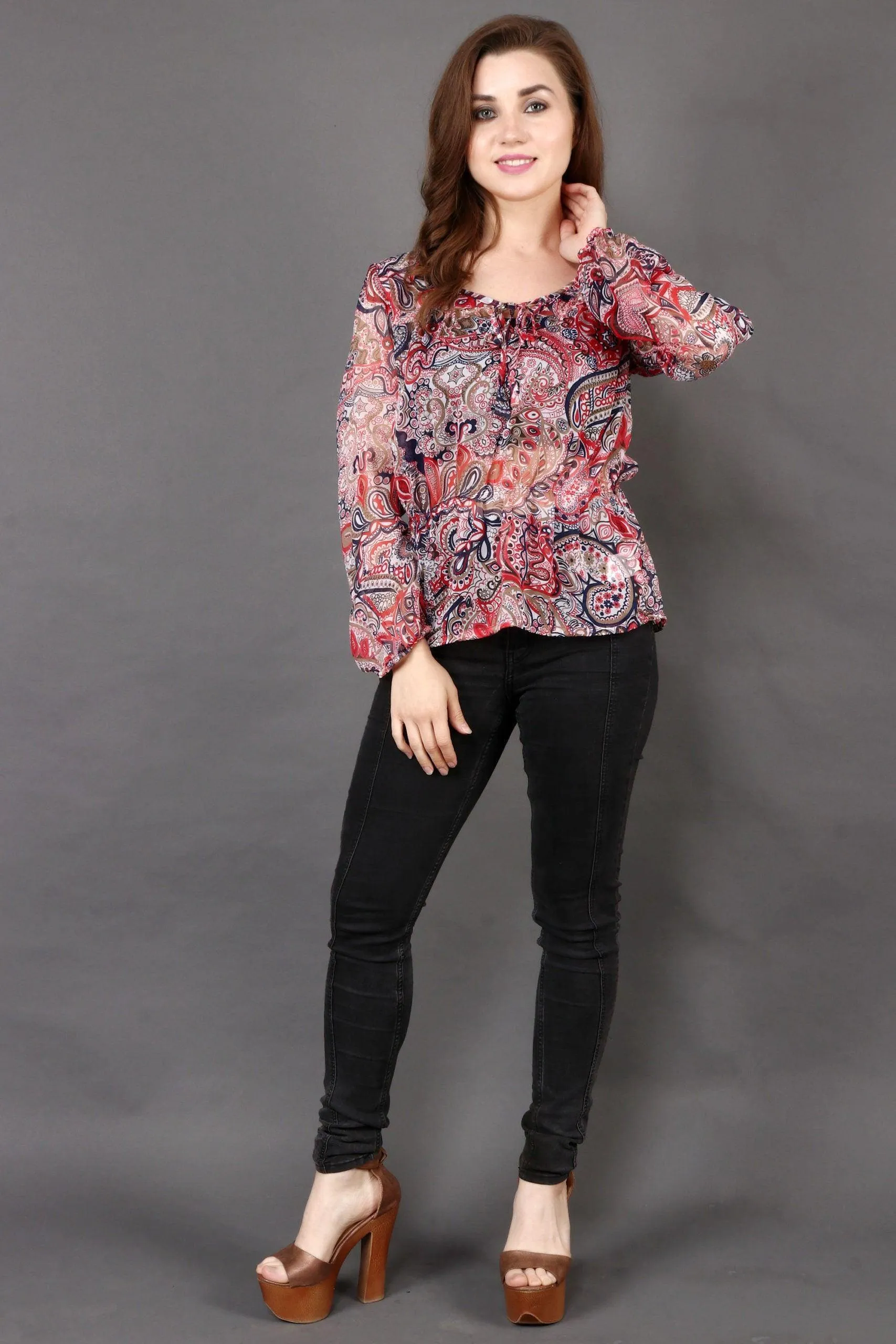 Red & Blue Floral Printed Top