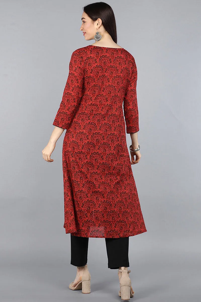 Red Cotton A-Line Kurta