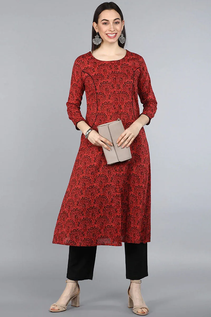 Red Cotton A-Line Kurta