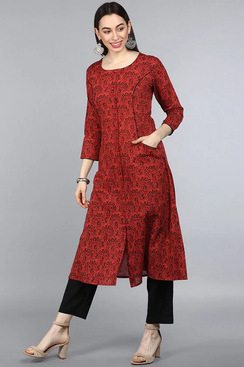 Red Cotton A-Line Kurta