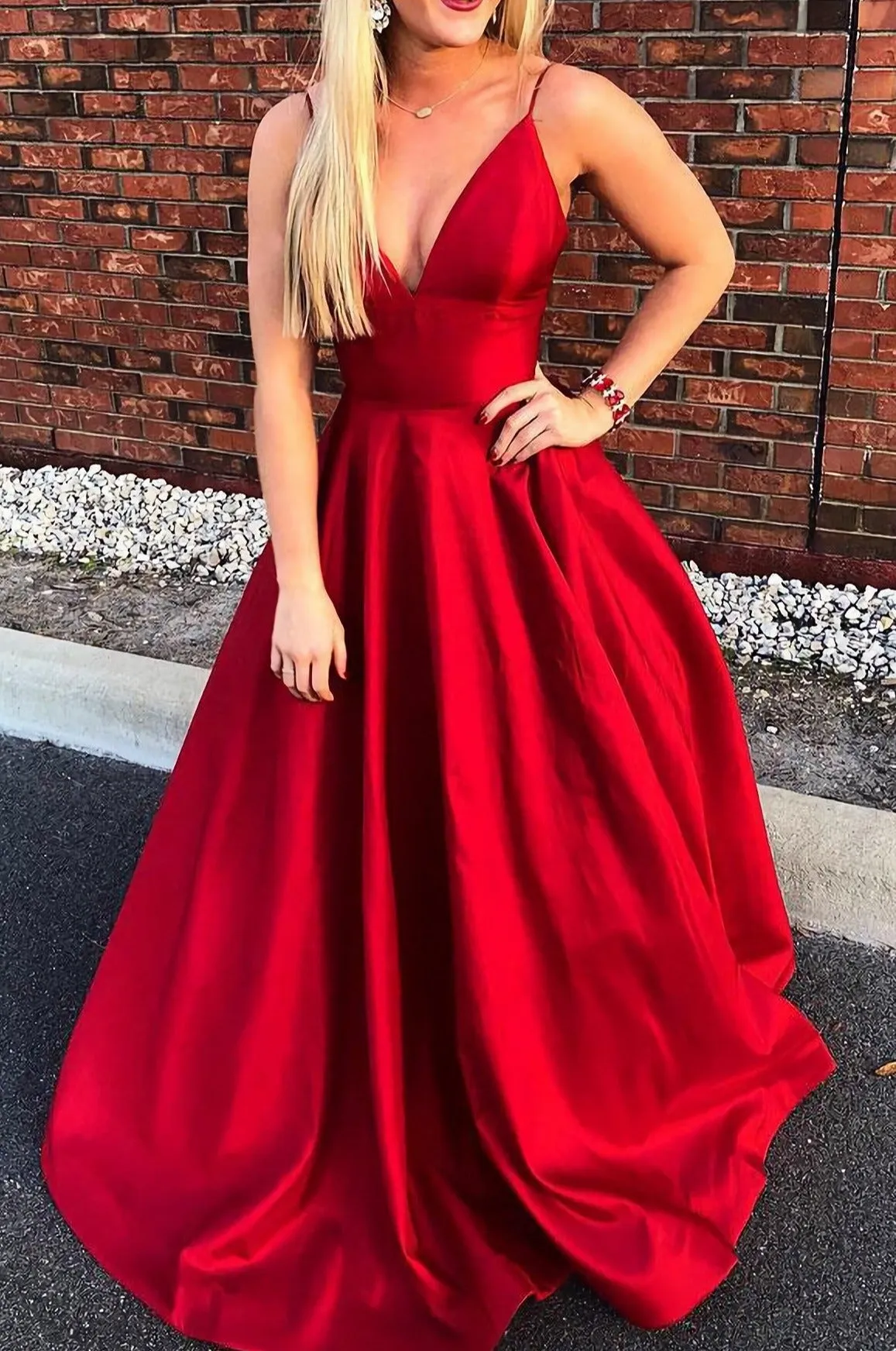 Sexy A Line Spaghetti Straps Red Satin Prom Dresses