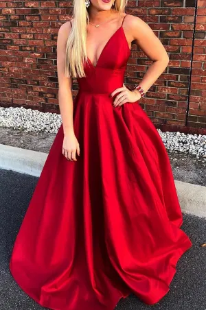 Sexy A Line Spaghetti Straps Red Satin Prom Dresses