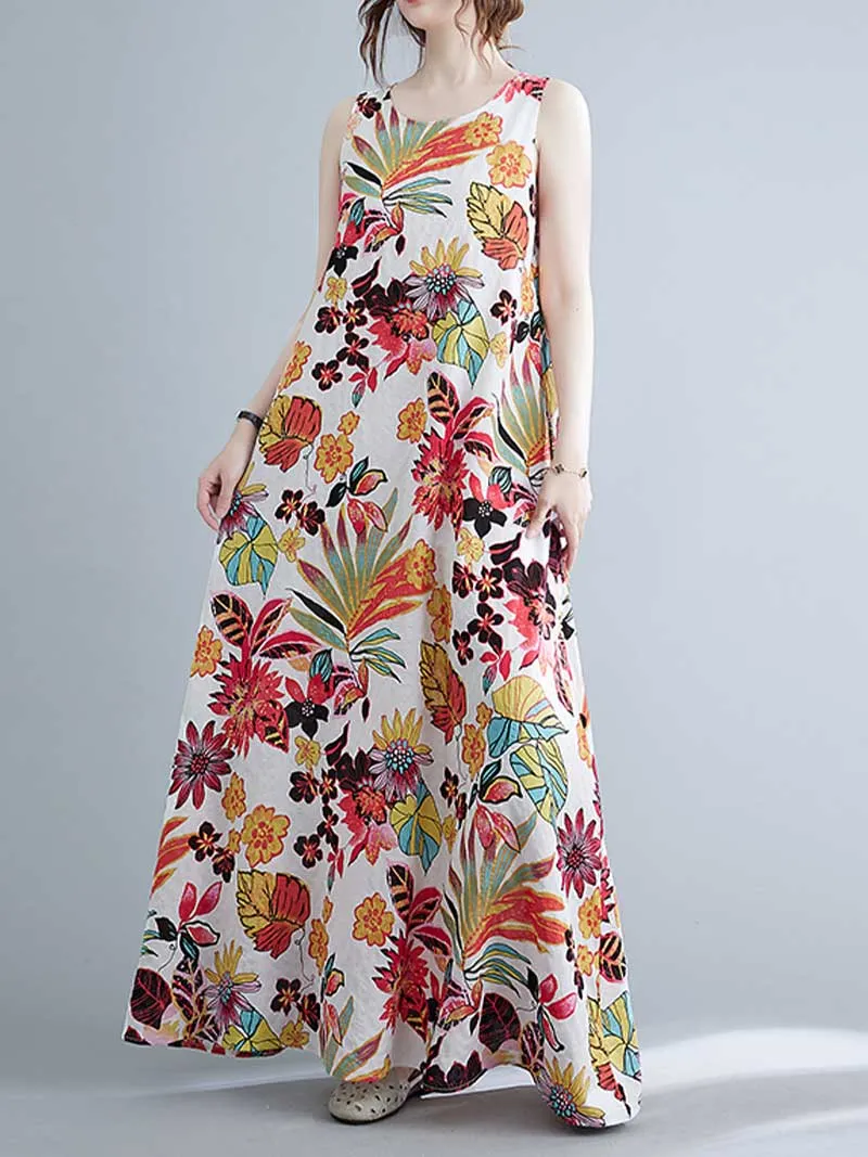 Sleeveless Cotton Floral A-Line Dress