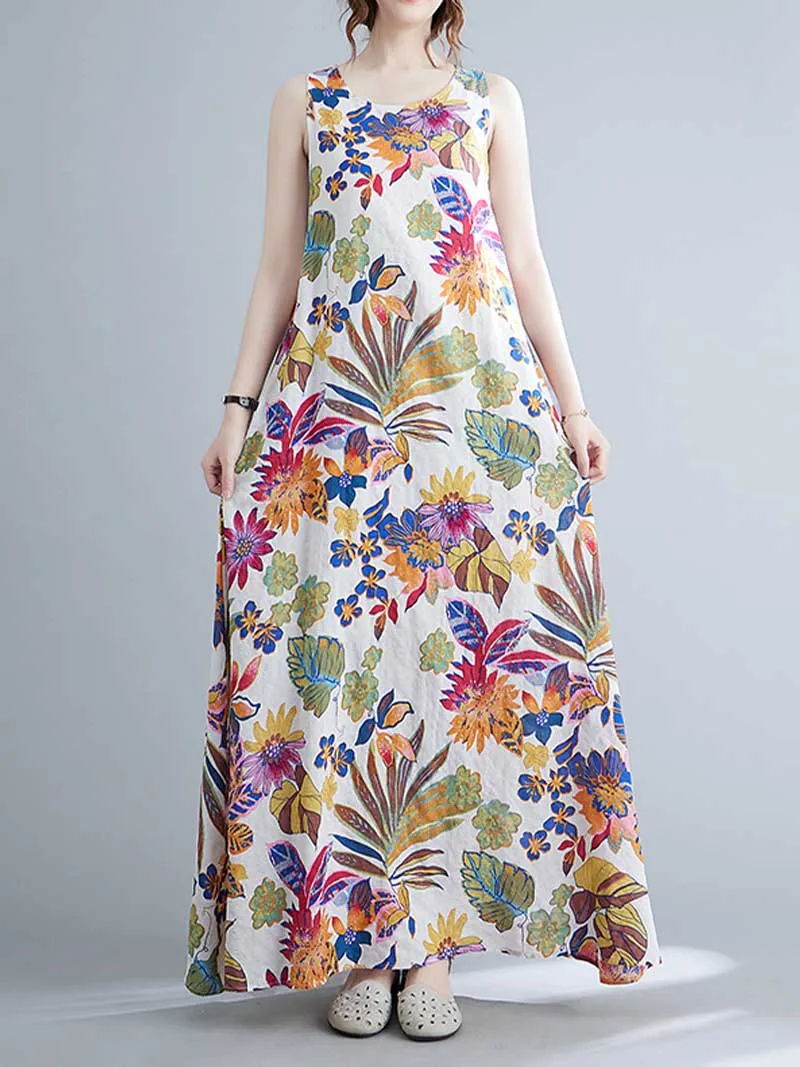 Sleeveless Cotton Floral A-Line Dress