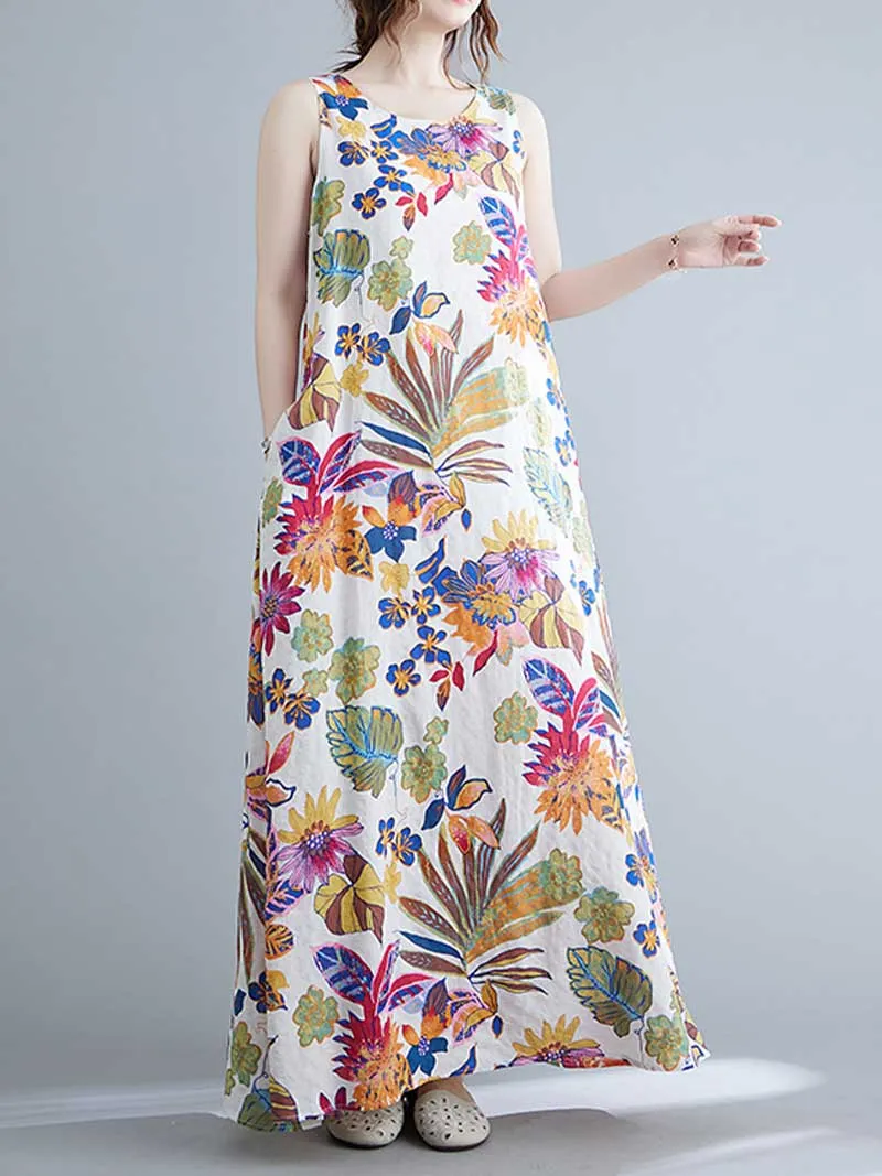 Sleeveless Cotton Floral A-Line Dress