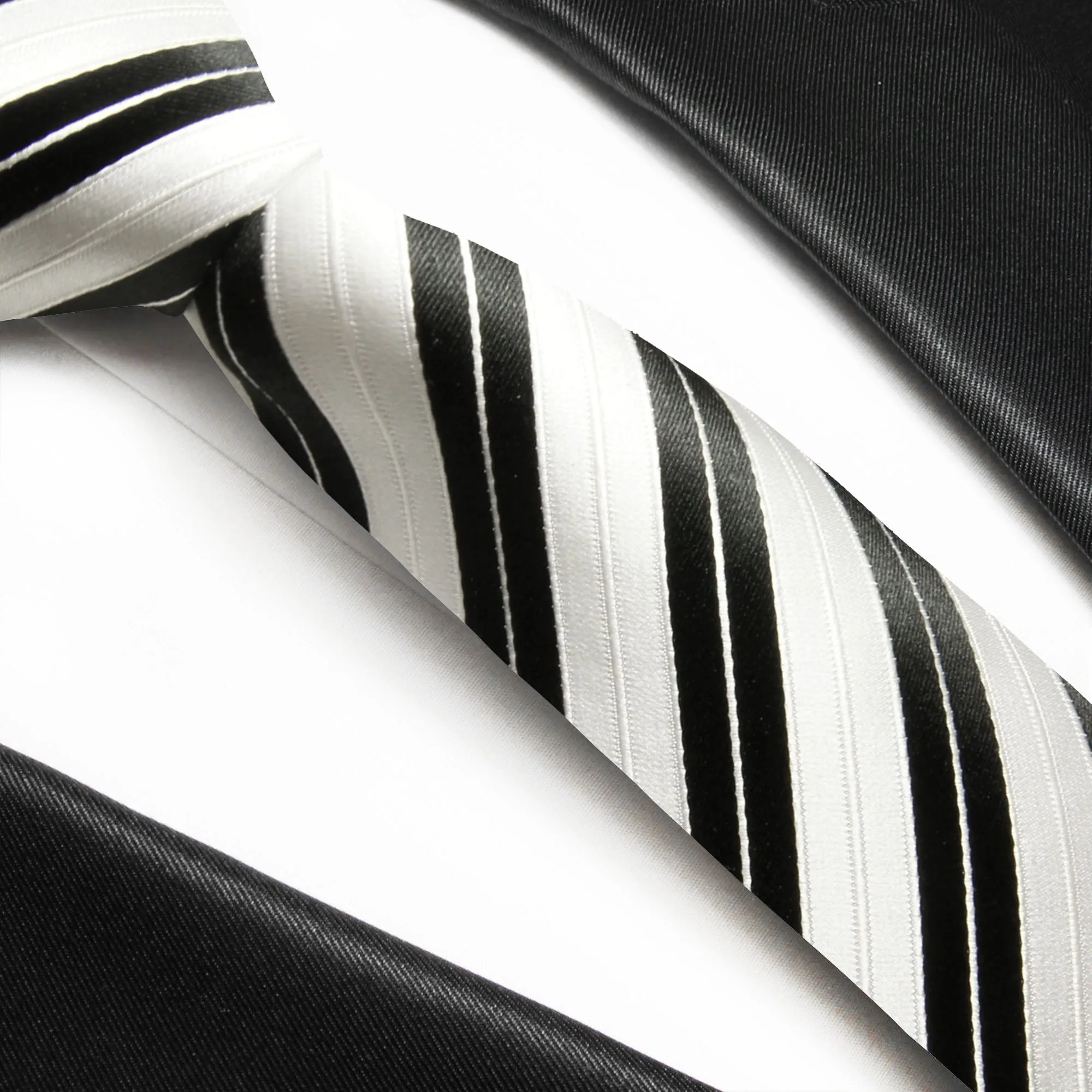 Slim Black and White Striped Silk Tie