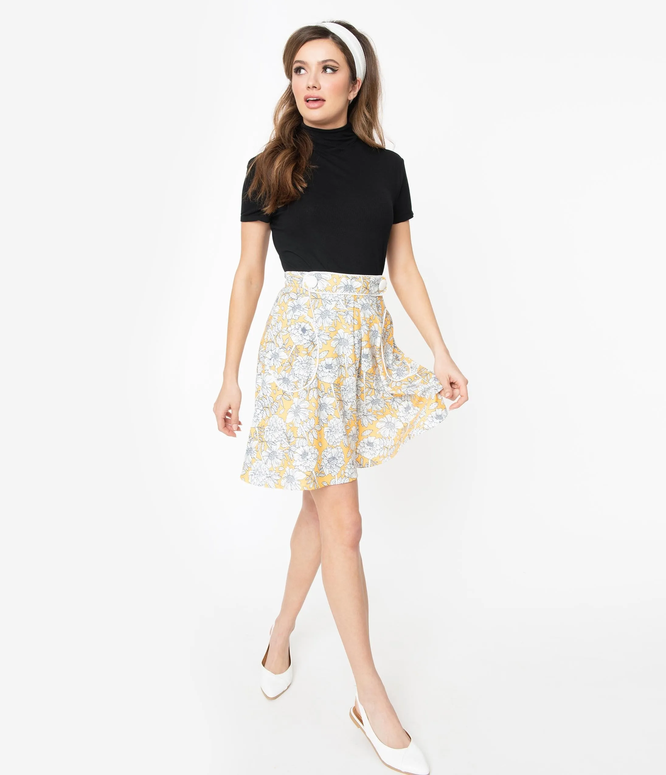 Smak Parlour 1960s Yellow & White Floral Trend Setter Flare Skirt