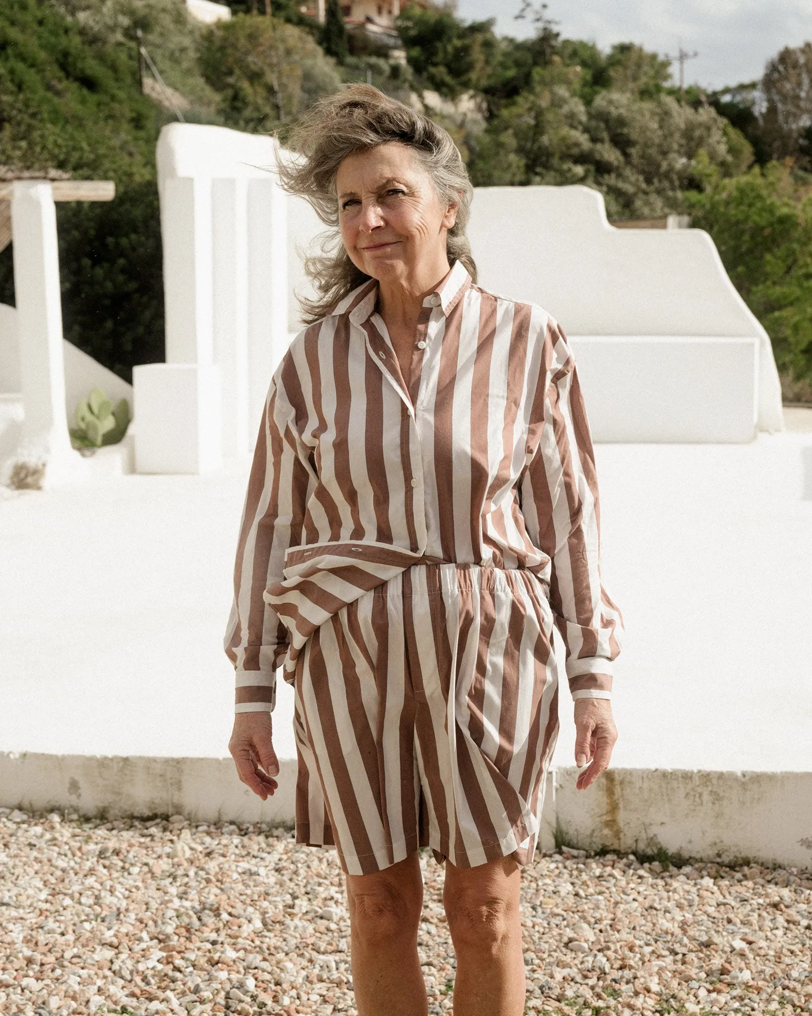 Stave Shorts - Organic Corron Poplin - Brown White Stripe