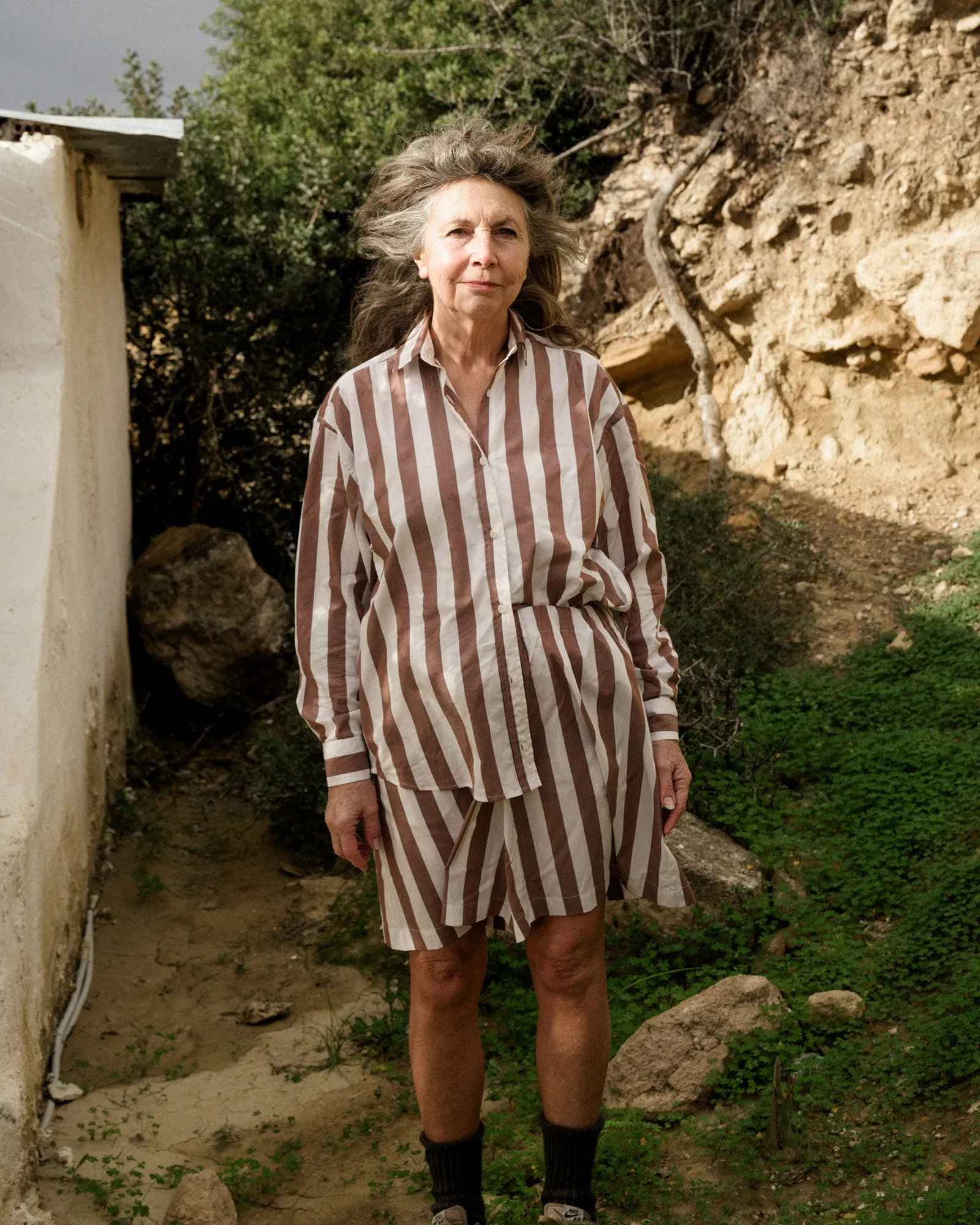 Stave Shorts - Organic Corron Poplin - Brown White Stripe
