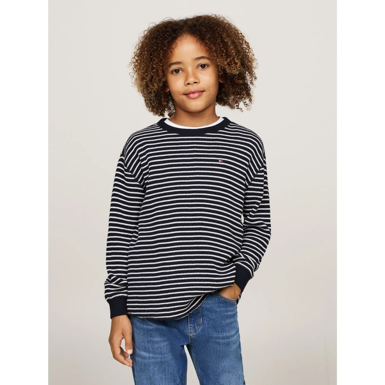Tommy Hilfiger Blue Base White Stripes Flag Mini Waffle Reg Blouse