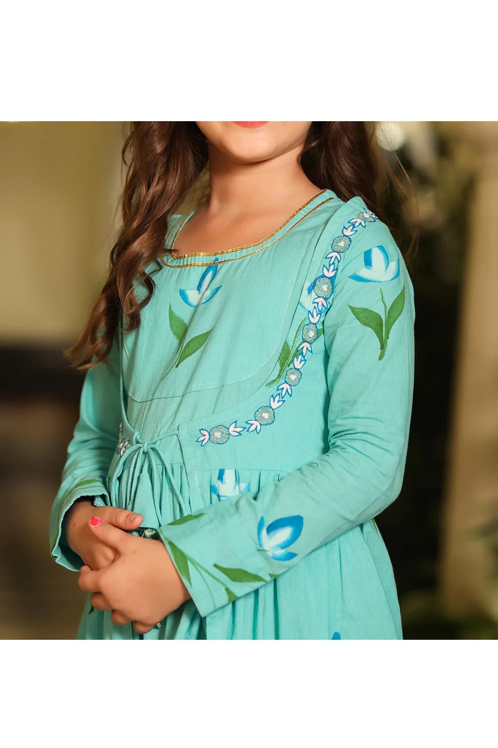 Turquise Blue Floral Printed Cotton Dress