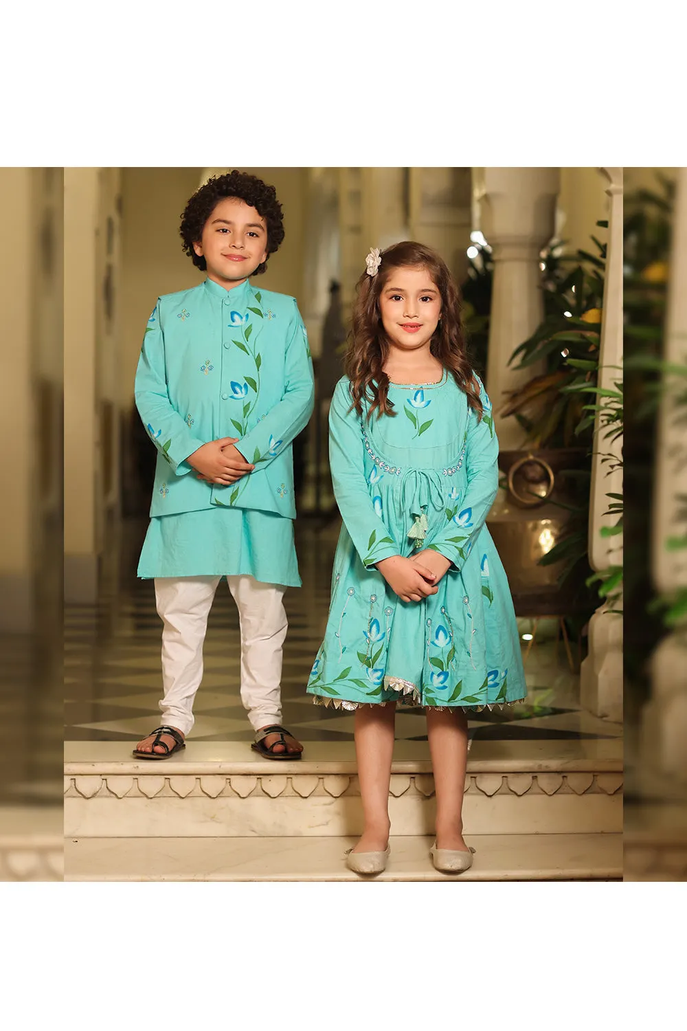 Turquise Blue Floral Printed Cotton Dress
