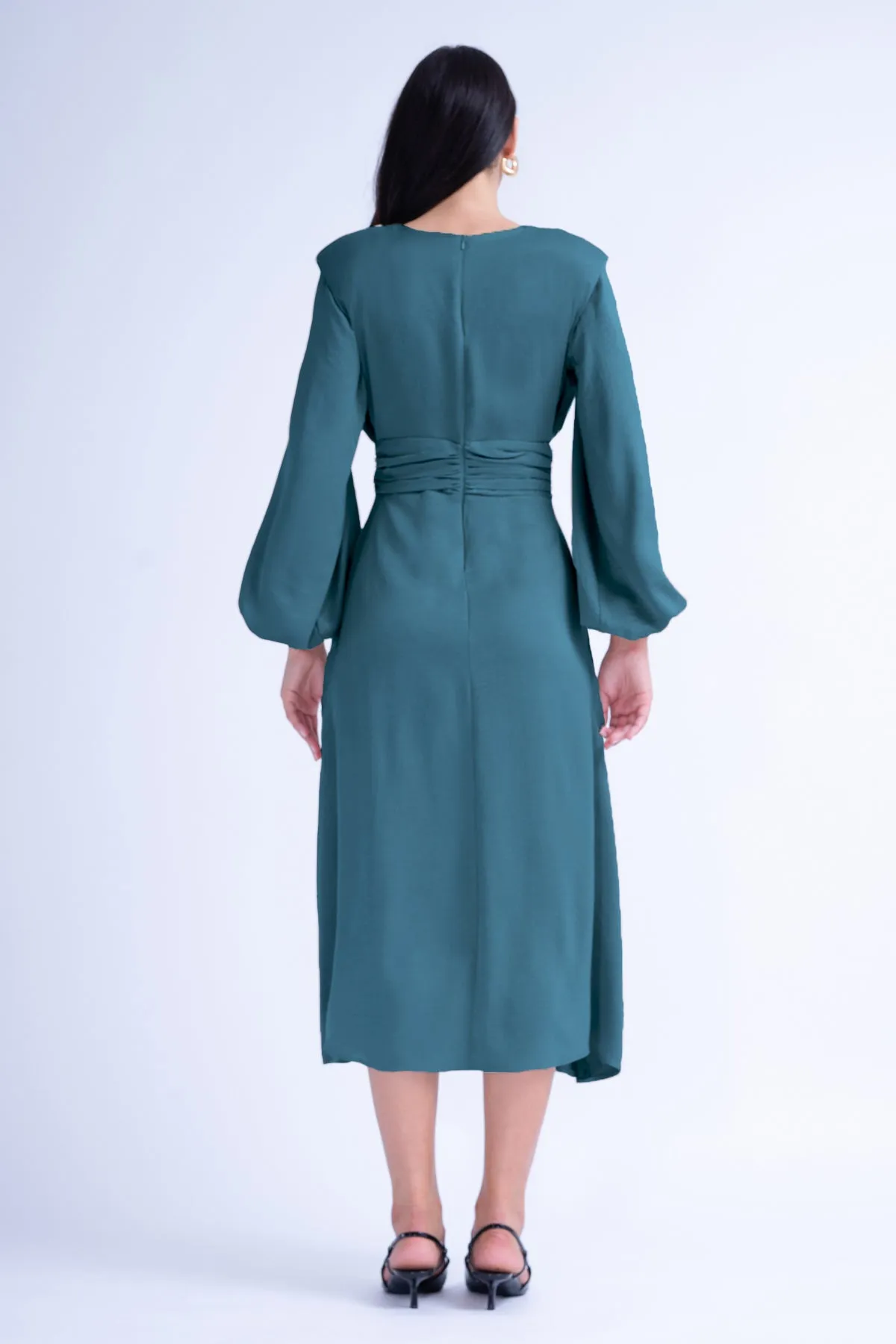 Turquoise Midi Dress With Shoulder Pads Detail And Pleats