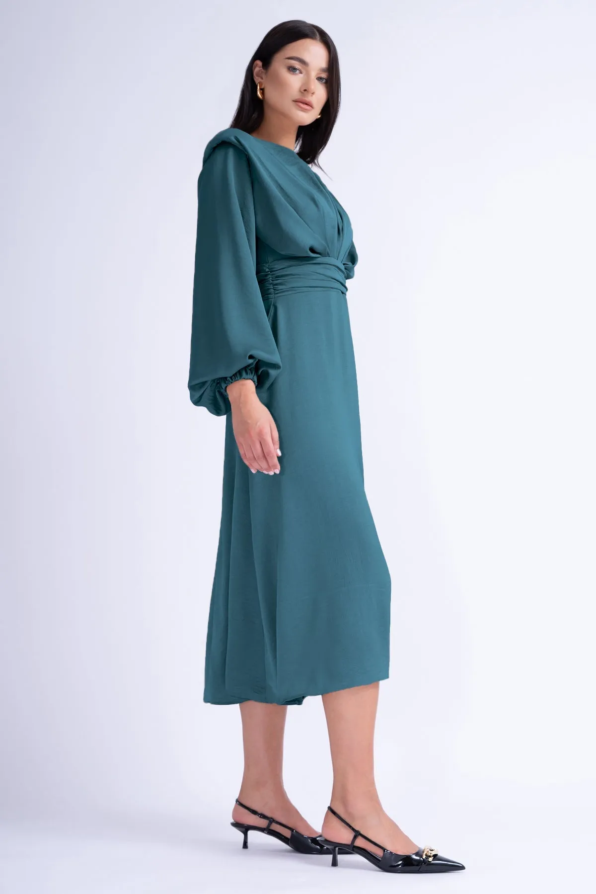 Turquoise Midi Dress With Shoulder Pads Detail And Pleats