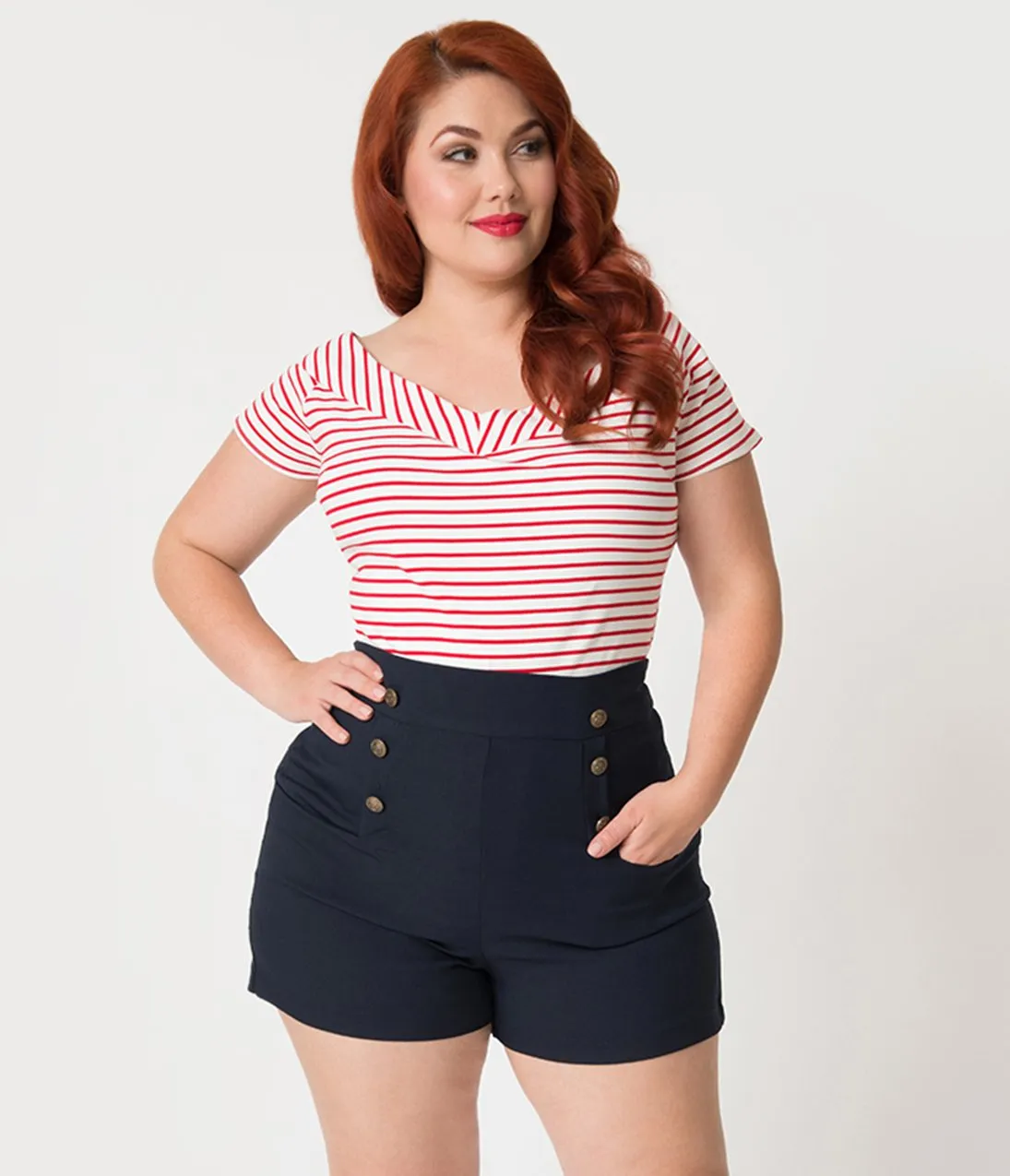 Unique Vintage Plus Size 1950s Style White & Red Striped Deena Top
