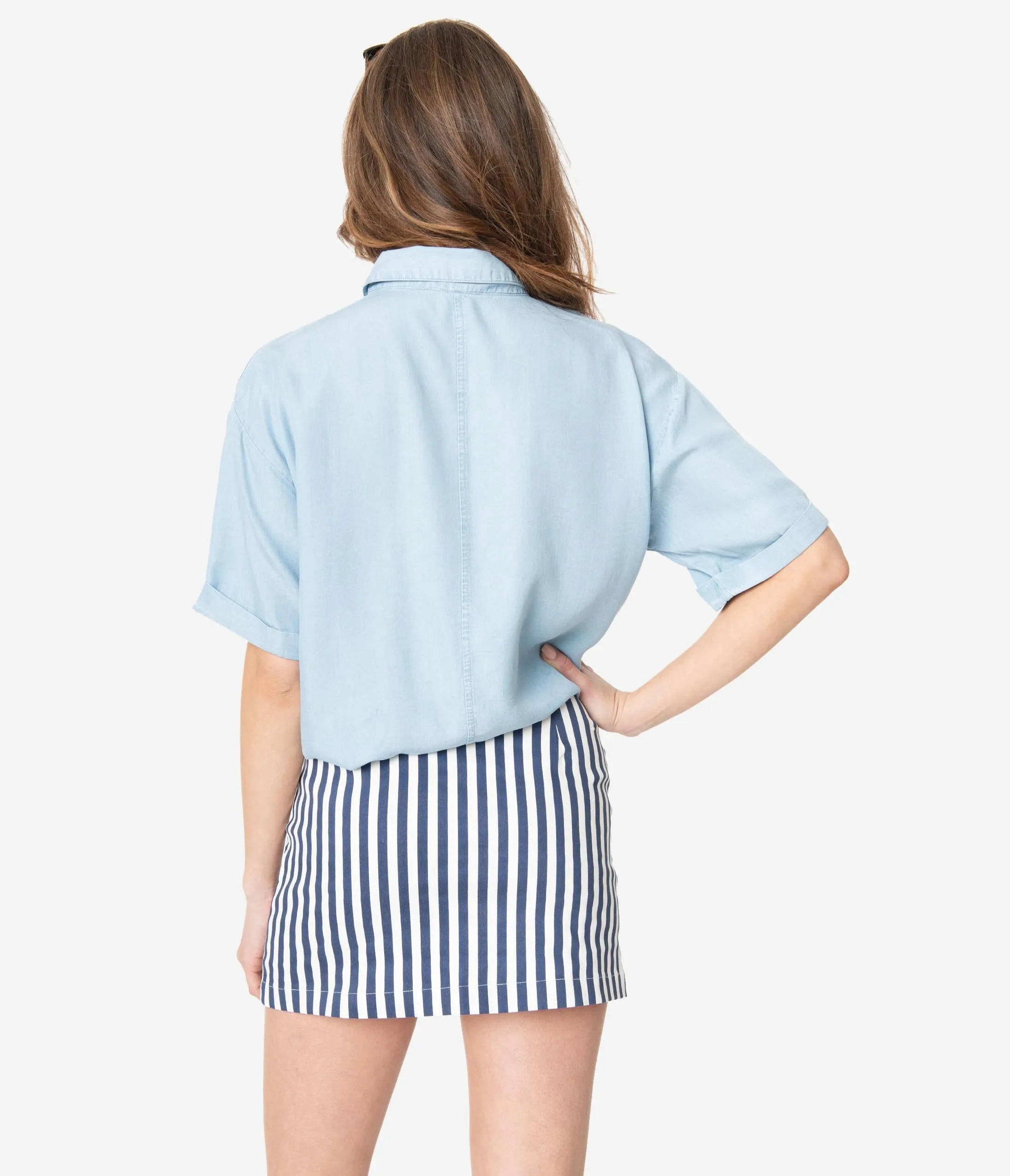 White & Navy Striped Button Front Mini Skirt