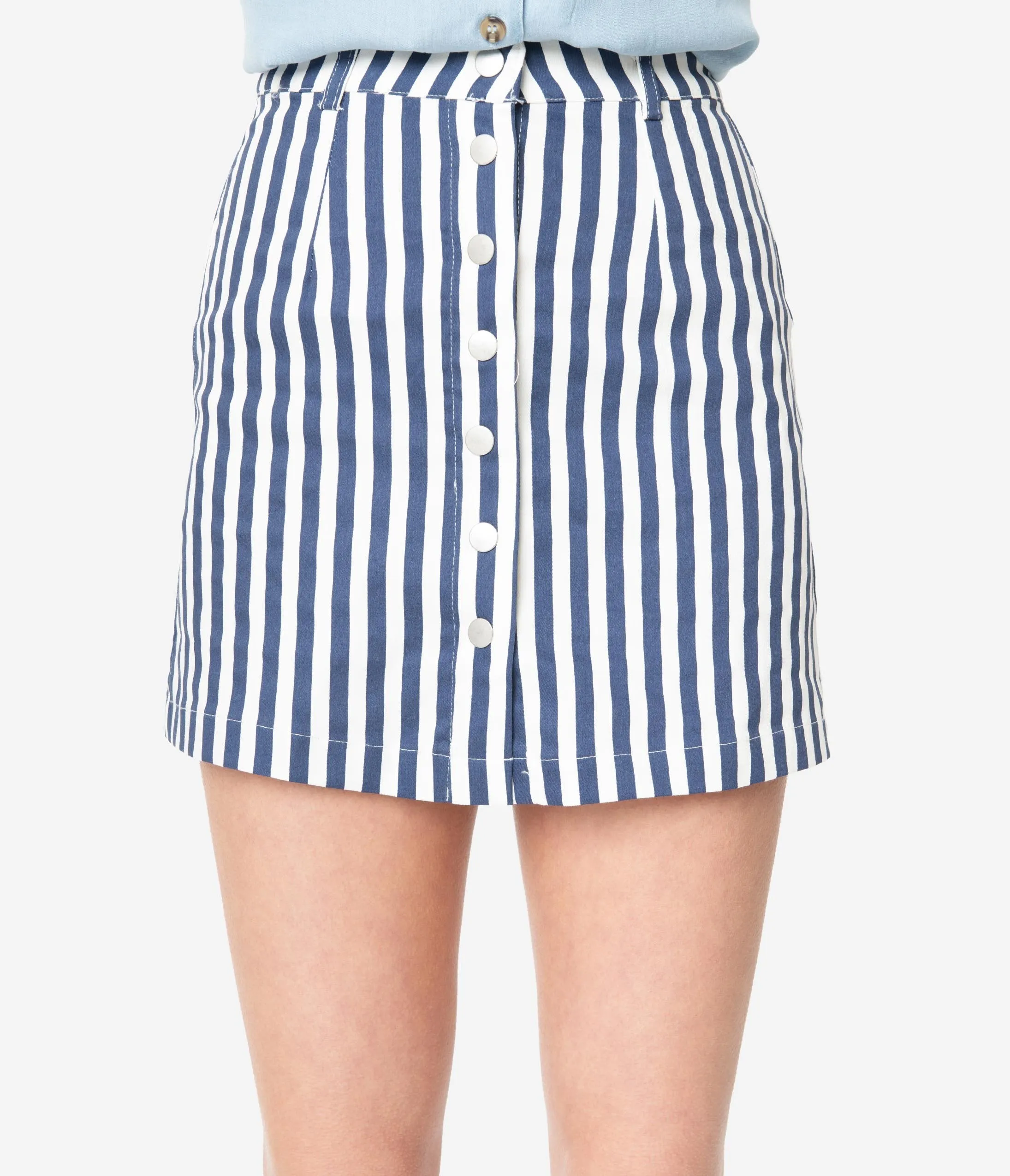 White & Navy Striped Button Front Mini Skirt
