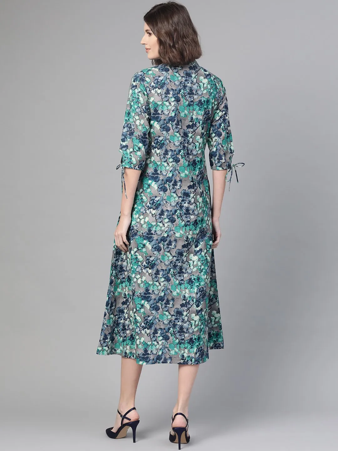 Women Grey & Navy Blue Floral Printed A-Line Dress
