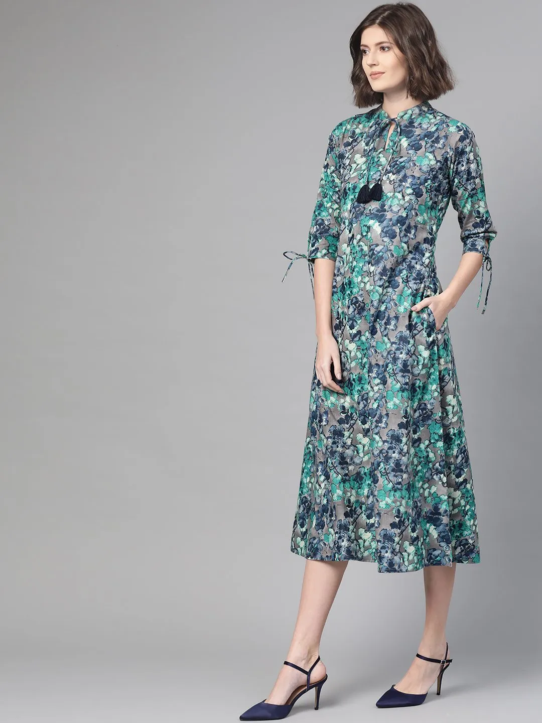 Women Grey & Navy Blue Floral Printed A-Line Dress