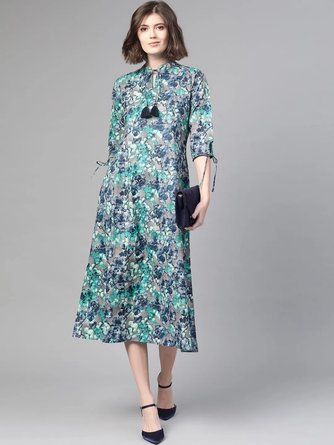 Women Grey & Navy Blue Floral Printed A-Line Dress